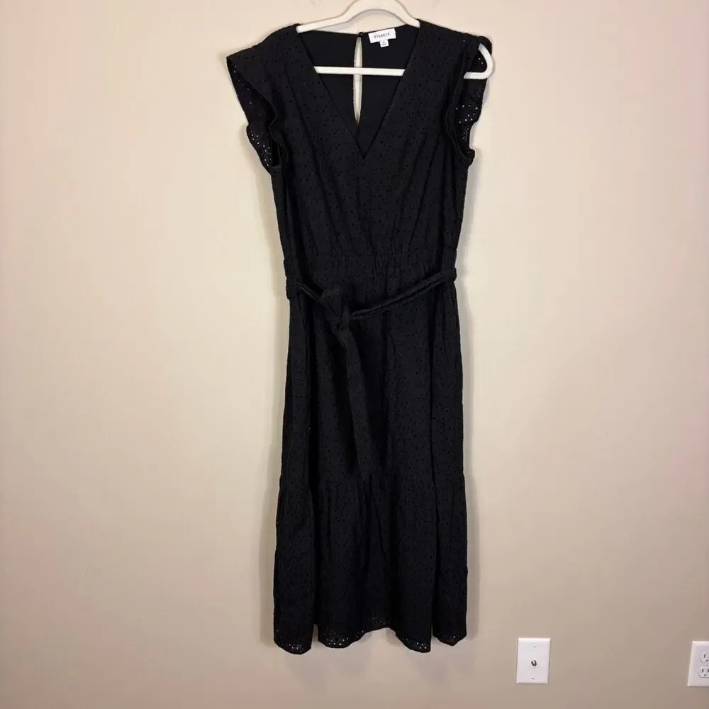 Evereve Black Eyelet V Neck Cotton Sleeveless Midi Dress with Belt XL‎